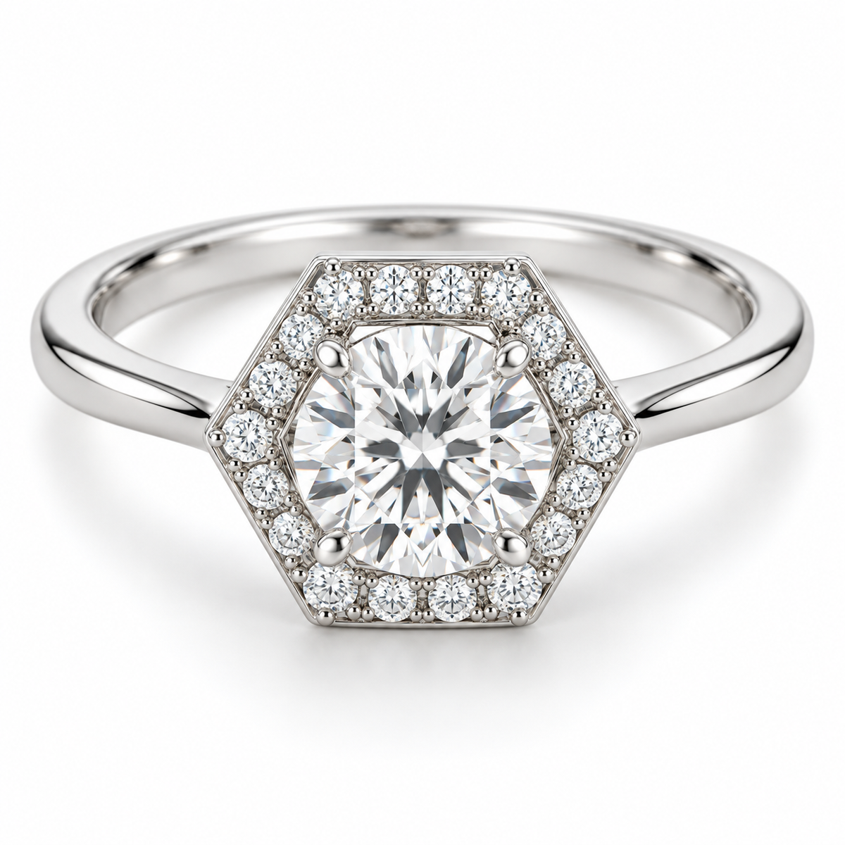 [metal:white-gold] Virelle Hexagonal Halo Setting — front — Virelle Hexagonal Halo Setting front design illustration [catalog-v4]