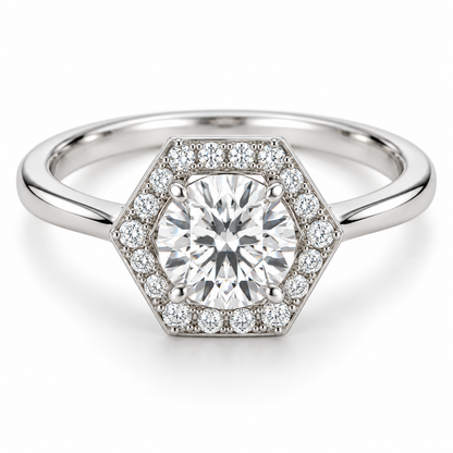 [metal:white-gold] Virelle Hexagonal Halo Setting — front — Virelle Hexagonal Halo Setting front design illustration [catalog-v4]