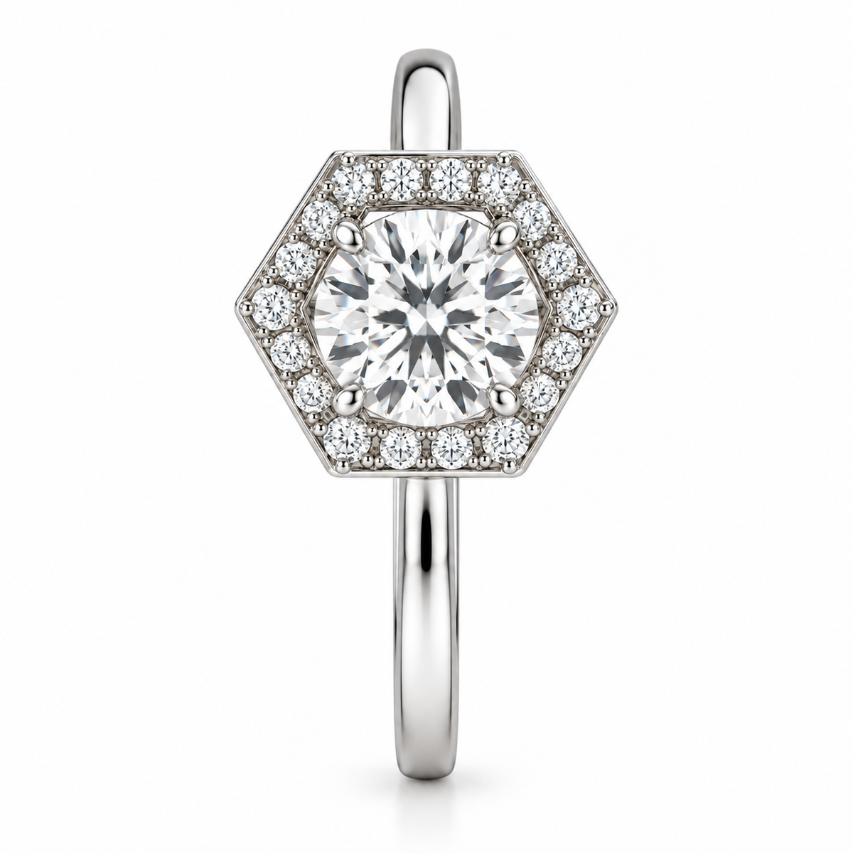 [metal:white-gold] Virelle Hexagonal Halo Setting — side-profile — Virelle Hexagonal Halo Setting side-profile design illustration [catalog-v4]