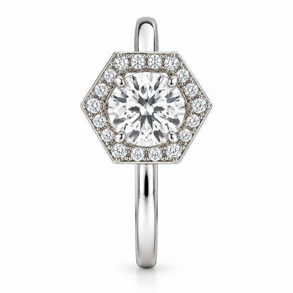 [metal:white-gold] Virelle Hexagonal Halo Setting — side-profile — Virelle Hexagonal Halo Setting side-profile design illustration [catalog-v4]