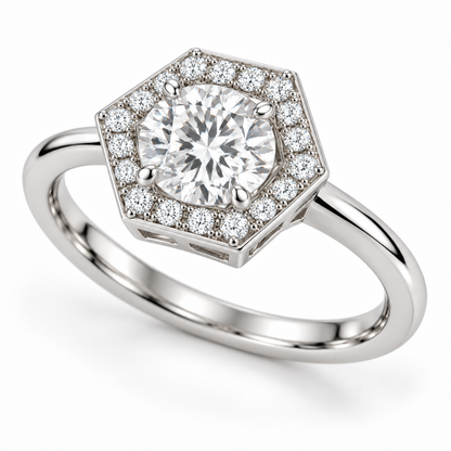 [metal:white-gold] Virelle Hexagonal Halo Setting — three-quarter — Virelle Hexagonal Halo Setting three-quarter design illustration [catalog-v4]