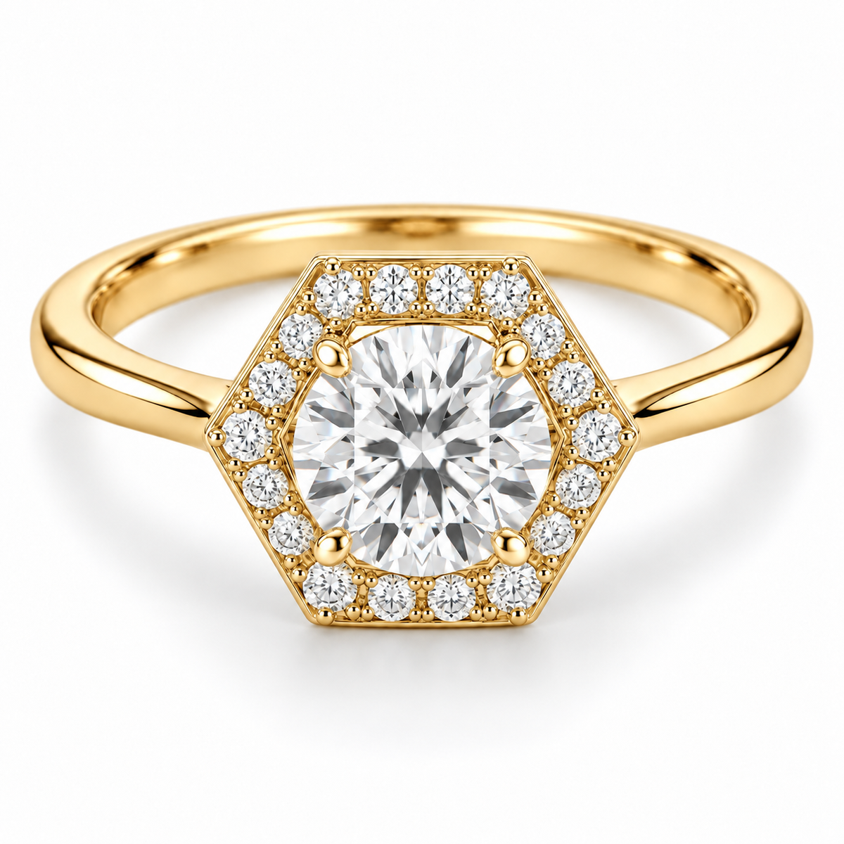 [metal:yellow-gold] Virelle Hexagonal Halo Setting — front — Virelle Hexagonal Halo Setting front design illustration [catalog-v4]