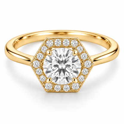 [metal:yellow-gold] Virelle Hexagonal Halo Setting — front — Virelle Hexagonal Halo Setting front design illustration [catalog-v4]