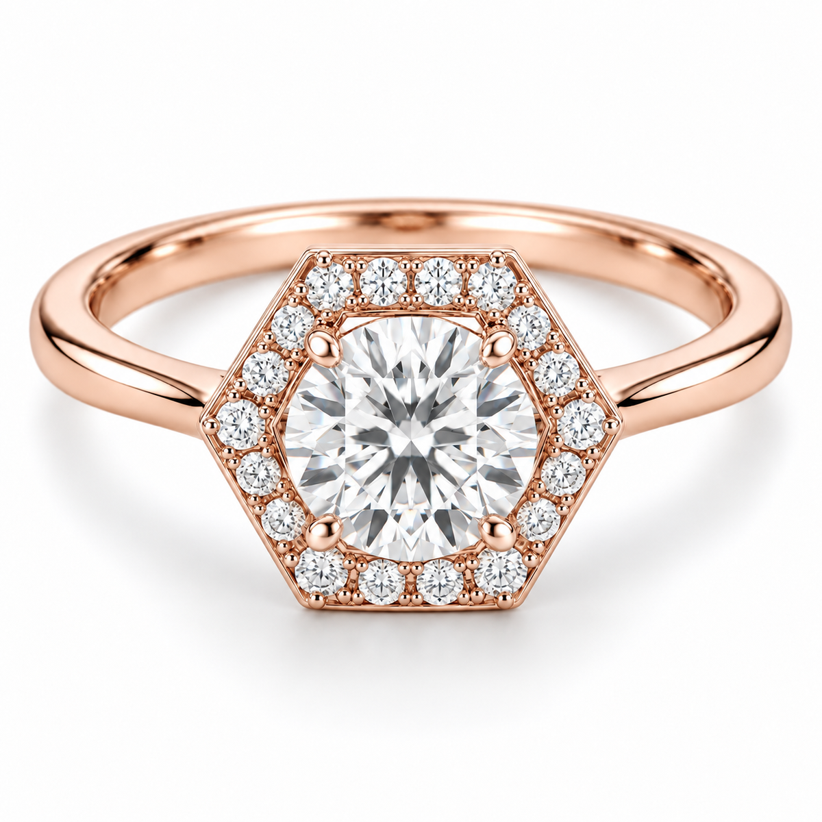 [metal:rose-gold] Virelle Hexagonal Halo Setting — front — Virelle Hexagonal Halo Setting front design illustration [catalog-v4]