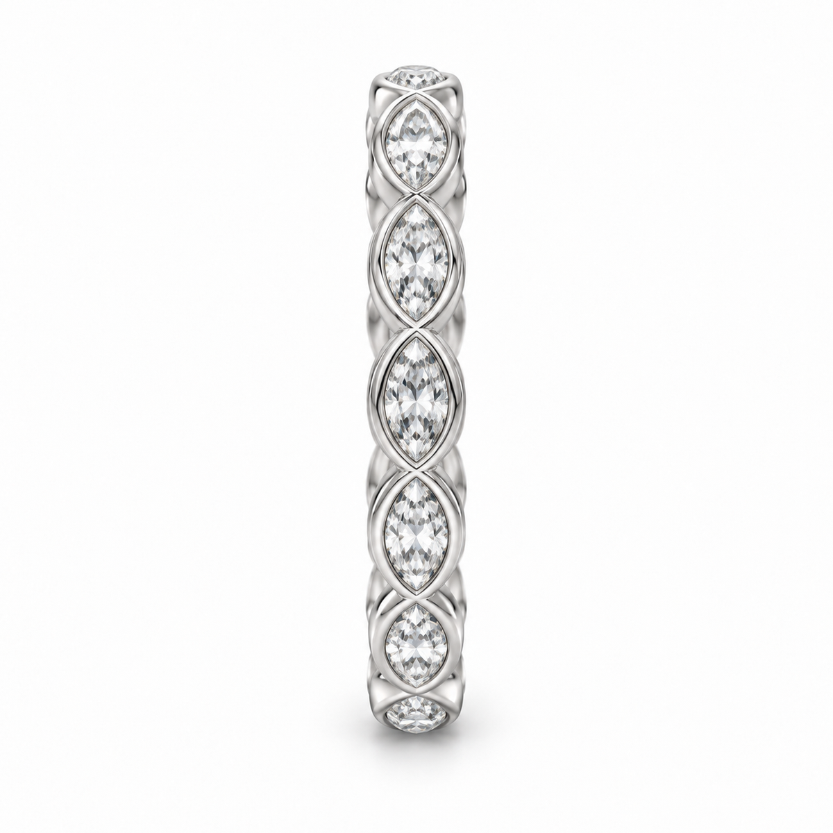 [metal:white-gold] Yselle Marquise Bezel Eternity Ring — side-profile — Yselle Marquise Bezel Eternity Ring side-profile design illustration [catalog-v4]