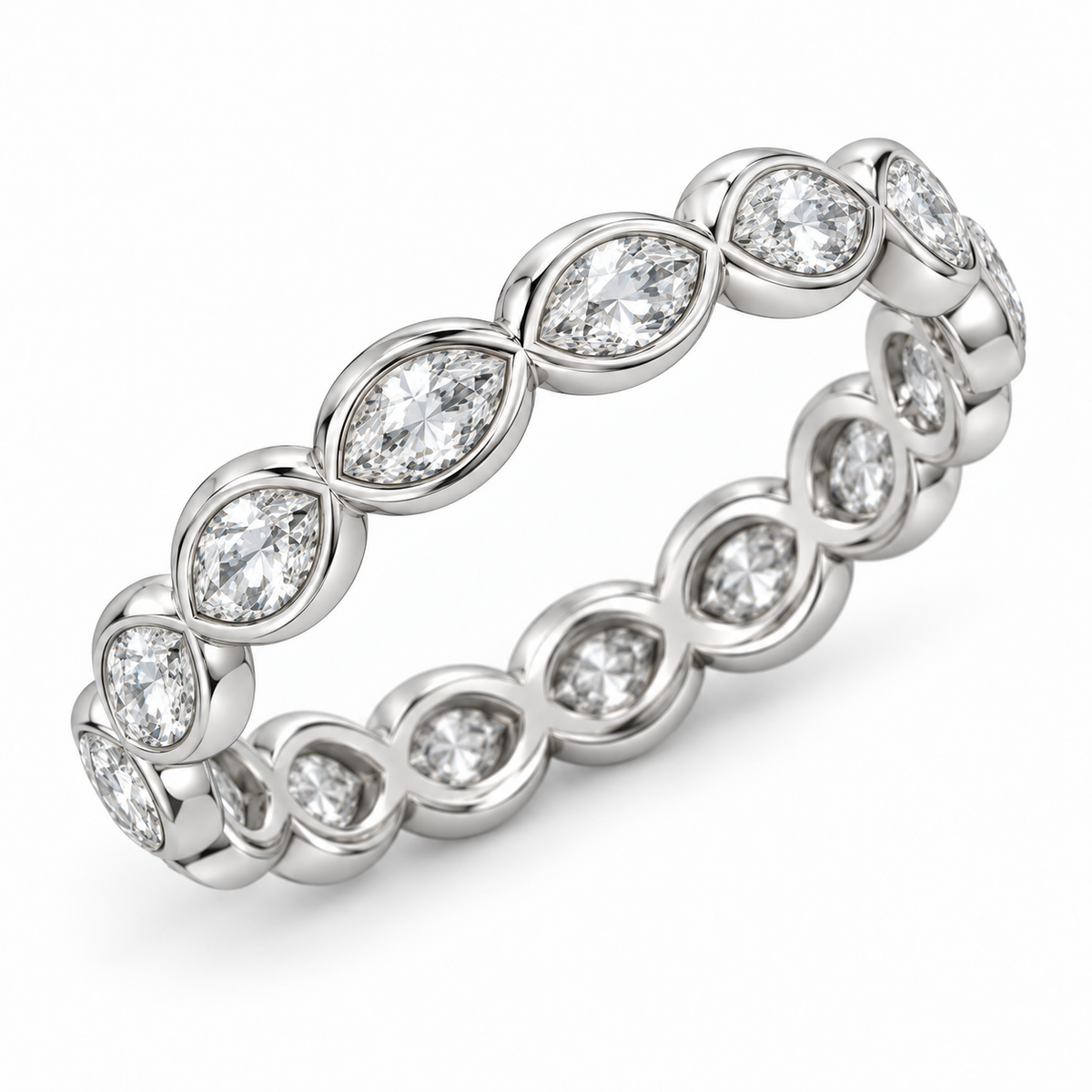 [metal:white-gold] Yselle Marquise Bezel Eternity Ring — three-quarter — Yselle Marquise Bezel Eternity Ring three-quarter design illustration [catalog-v4]