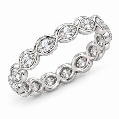 [metal:white-gold] Yselle Marquise Bezel Eternity Ring — three-quarter — Yselle Marquise Bezel Eternity Ring three-quarter design illustration [catalog-v4]