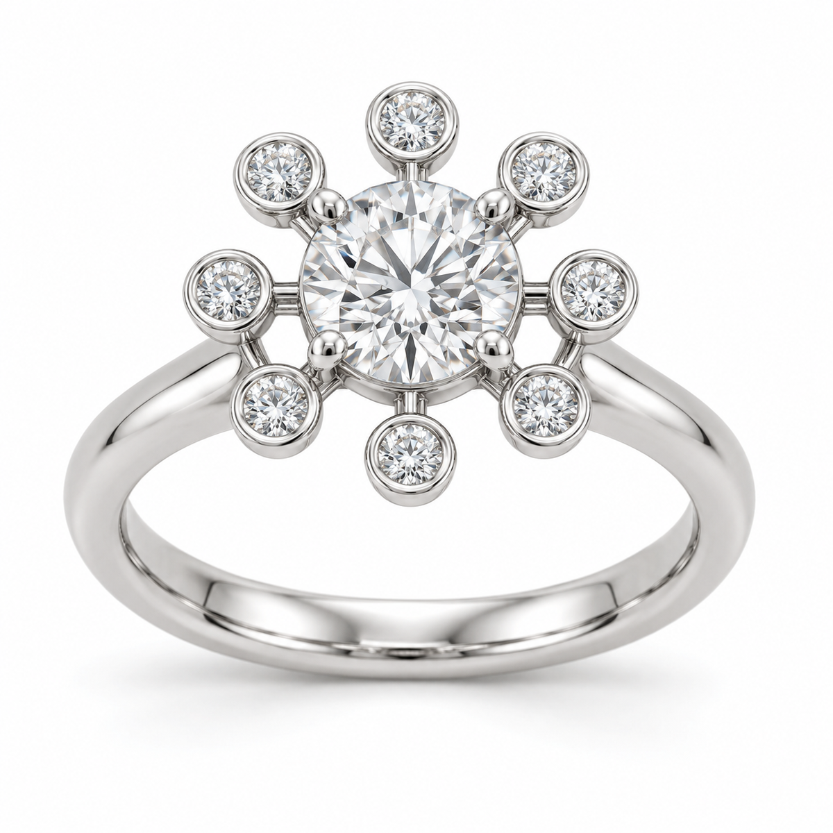 [metal:white-gold] Yvaine Satellite Halo Setting — front — One round centre in a four-claw round open basket. Exactly eight separate circular bezels containing identical small round diamonds form an airy satellite halo, joined to centre basket by eight short radial metal spokes with real open gaps. Plain single rounded band. No other diamonds. [catalog-v4]