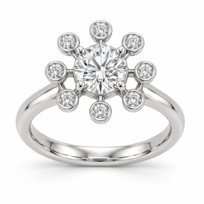 [metal:white-gold] Yvaine Satellite Halo Setting — front — One round centre in a four-claw round open basket. Exactly eight separate circular bezels containing identical small round diamonds form an airy satellite halo, joined to centre basket by eight short radial metal spokes with real open gaps. Plain single rounded band. No other diamonds. [catalog-v4]