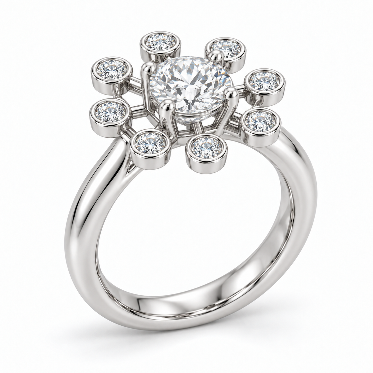 [metal:white-gold] Yvaine Satellite Halo Setting — oblique — Same design shown oblique [catalog-v4]