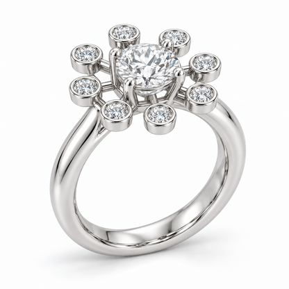 [metal:white-gold] Yvaine Satellite Halo Setting — oblique — Same design shown oblique [catalog-v4]