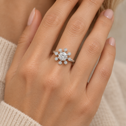 [metal:white-gold] Yvaine Satellite Halo Setting — worn — Same design shown worn [catalog-v4]