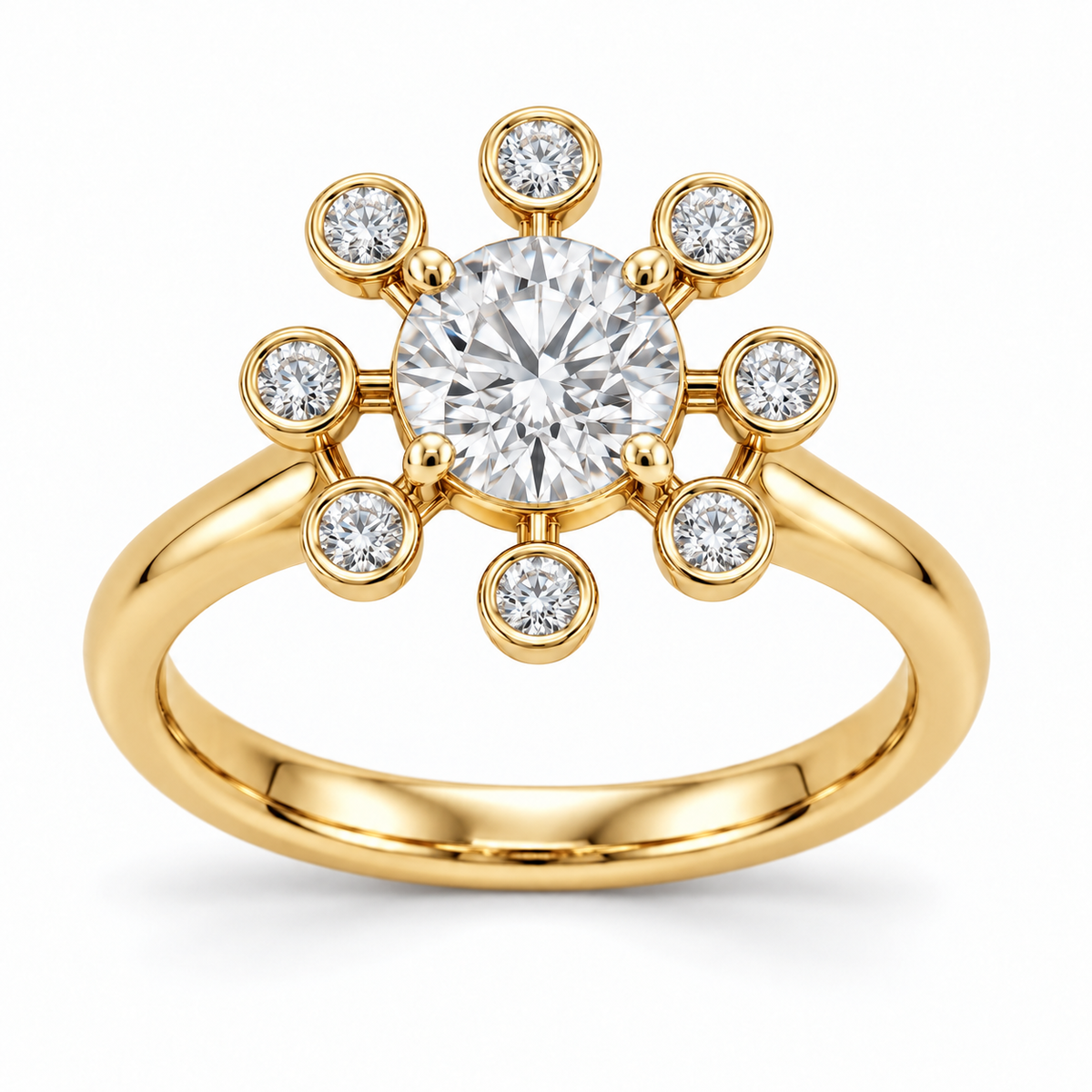 [metal:yellow-gold] Yvaine Satellite Halo Setting — front — One round centre in a four-claw round open basket. Exactly eight separate circular bezels containing identical small round diamonds form an airy satellite halo, joined to centre basket by eight short radial metal spokes with real open gaps. Plain single rounded band. No other diamonds. [catalog-v4]