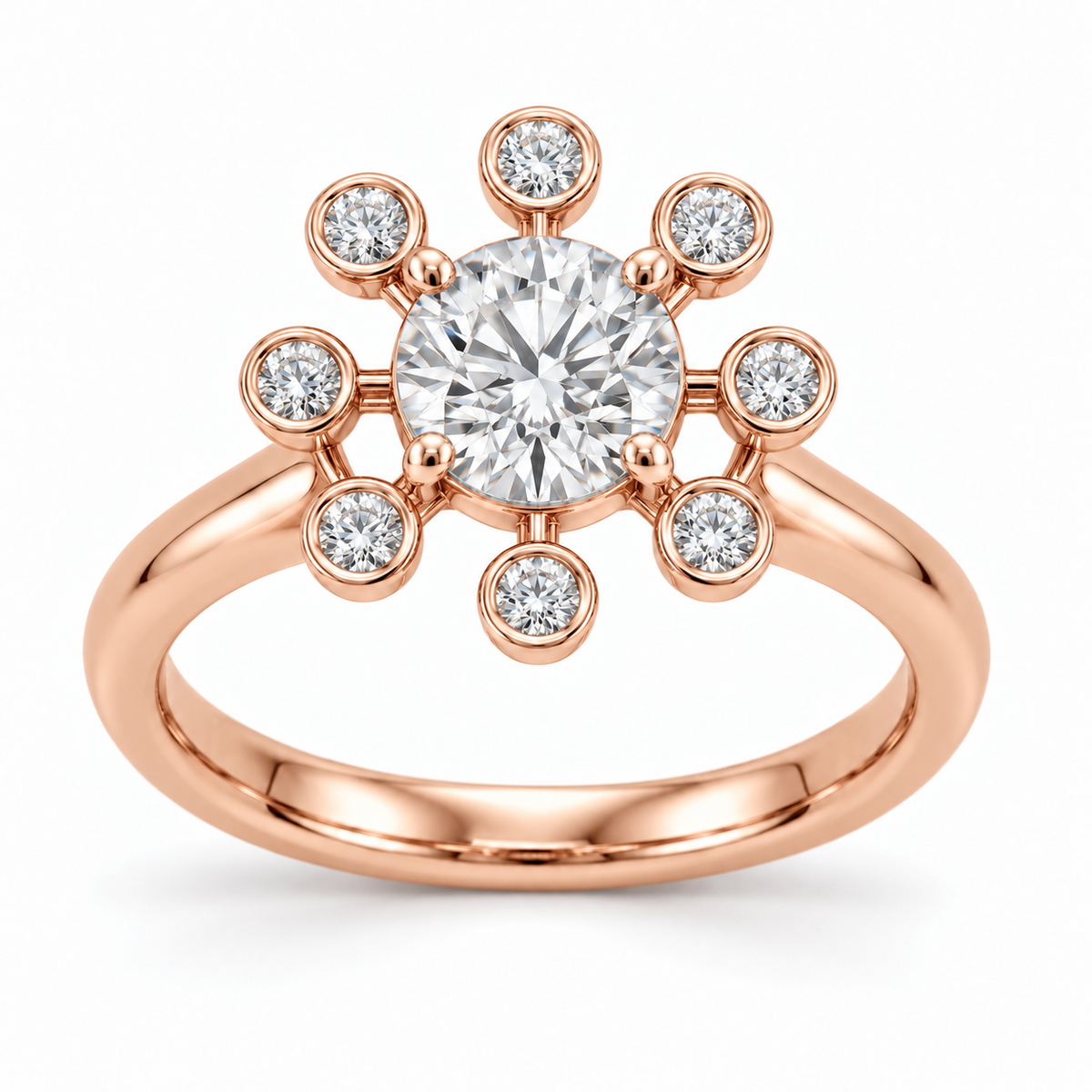 [metal:rose-gold] Yvaine Satellite Halo Setting — front — One round centre in a four-claw round open basket. Exactly eight separate circular bezels containing identical small round diamonds form an airy satellite halo, joined to centre basket by eight short radial metal spokes with real open gaps. Plain single rounded band. No other diamonds. [catalog-v4]