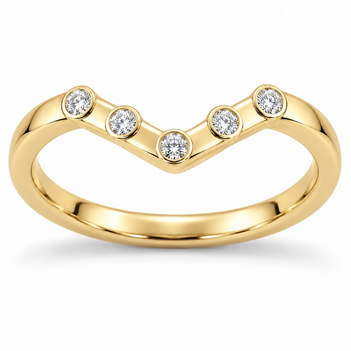 [metal:yellow-gold] Zerielle Five-Bezel Chevron Band — front — Womens closed continuous narrow chevron nesting band. Exactly five small round diamonds in five individual full circular bezels spaced evenly along the shallow V top, central bezel at V point and two on each arm. Plain smooth lower shank, no extra stones. [catalog-v4]