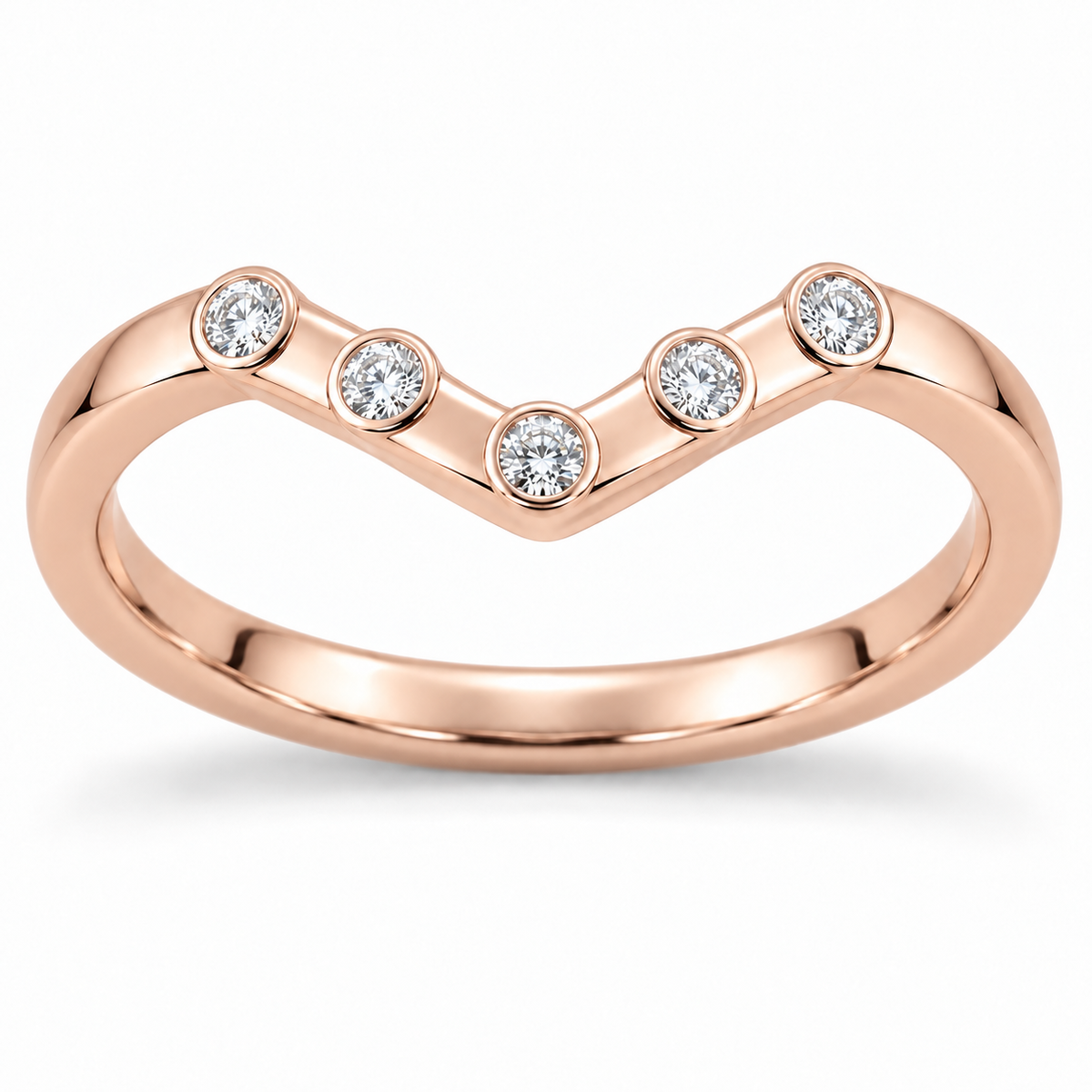 [metal:rose-gold] Zerielle Five-Bezel Chevron Band — front — Womens closed continuous narrow chevron nesting band. Exactly five small round diamonds in five individual full circular bezels spaced evenly along the shallow V top, central bezel at V point and two on each arm. Plain smooth lower shank, no extra stones. [catalog-v4]