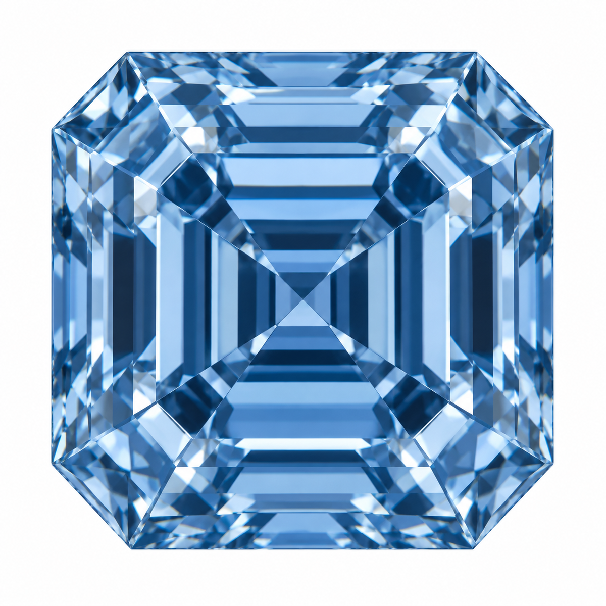 Illustrative head-on render of a asscher blue lab-grown diamond; not a photograph of an individual stone.