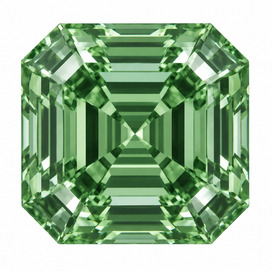 Illustrative head-on render of a asscher green lab-grown diamond; not a photograph of an individual stone.