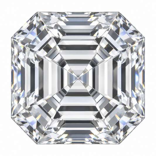 Illustrative head-on render of a asscher colourless lab-grown diamond; not a photograph of an individual stone.