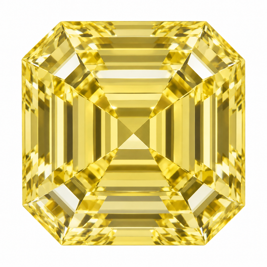 Illustrative head-on render of a asscher yellow lab-grown diamond; not a photograph of an individual stone.