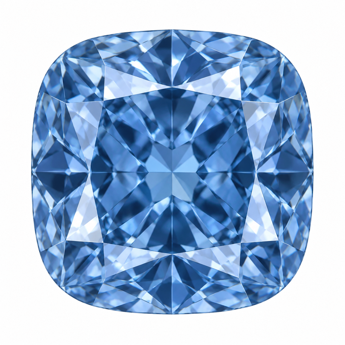 Illustrative head-on render of a cushion blue lab-grown diamond; not a photograph of an individual stone.