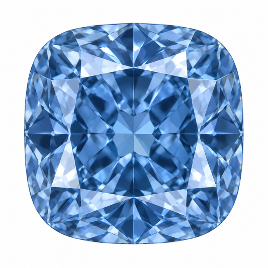 Illustrative head-on render of a cushion blue lab-grown diamond; not a photograph of an individual stone.