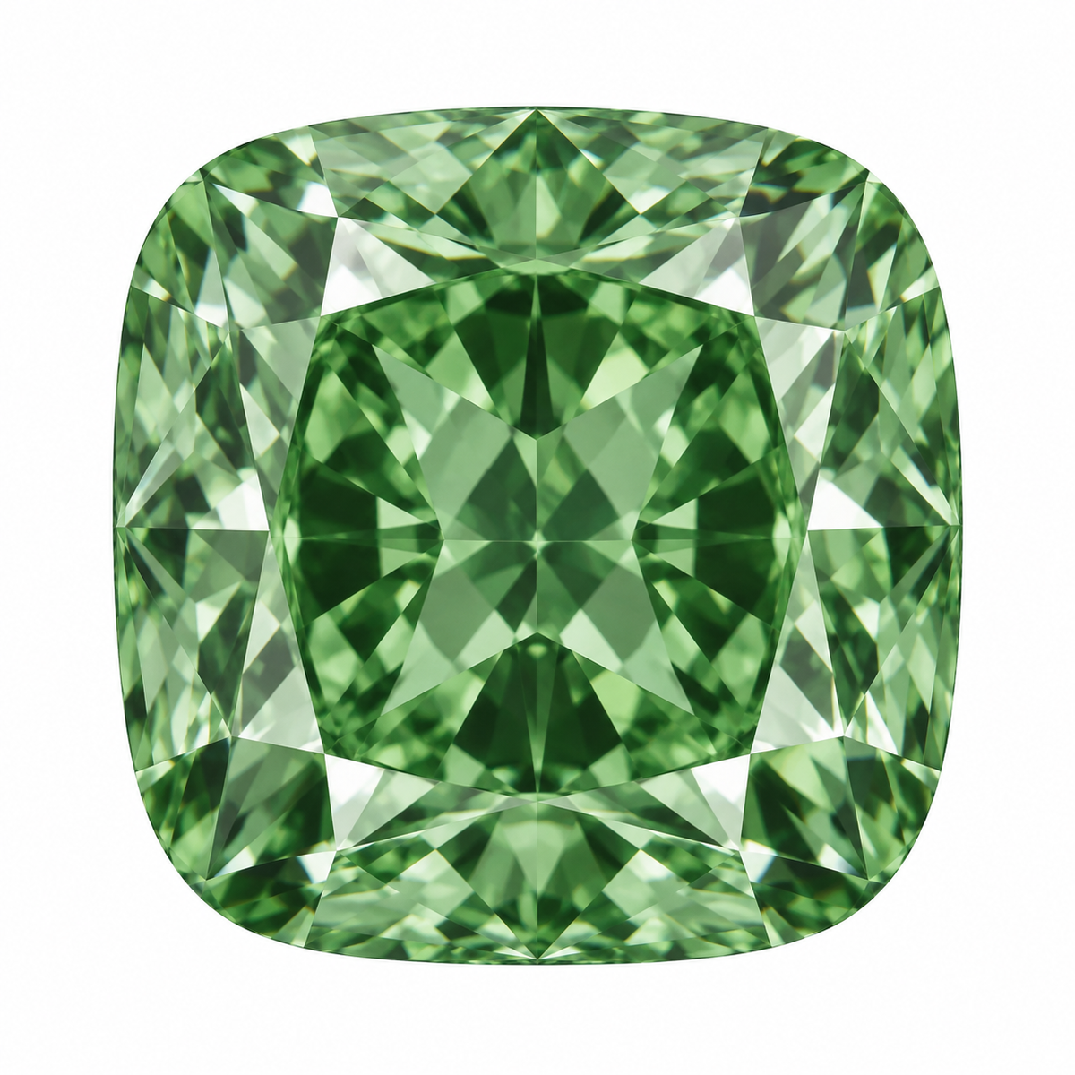 Illustrative head-on render of a cushion green lab-grown diamond; not a photograph of an individual stone.