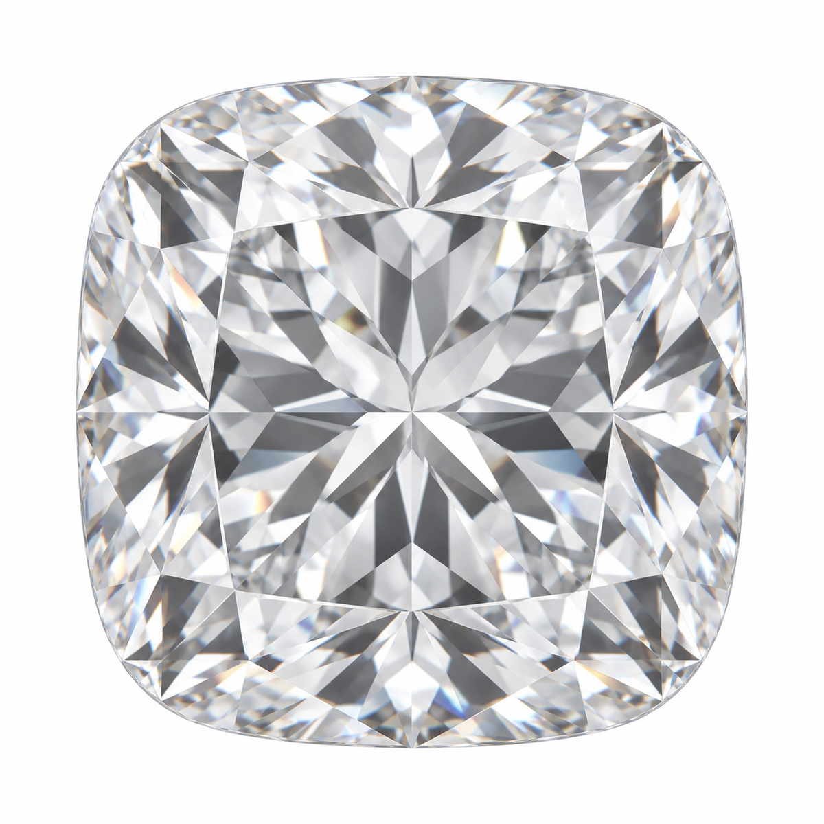 Illustrative head-on render of a cushion colourless lab-grown diamond; not a photograph of an individual stone.