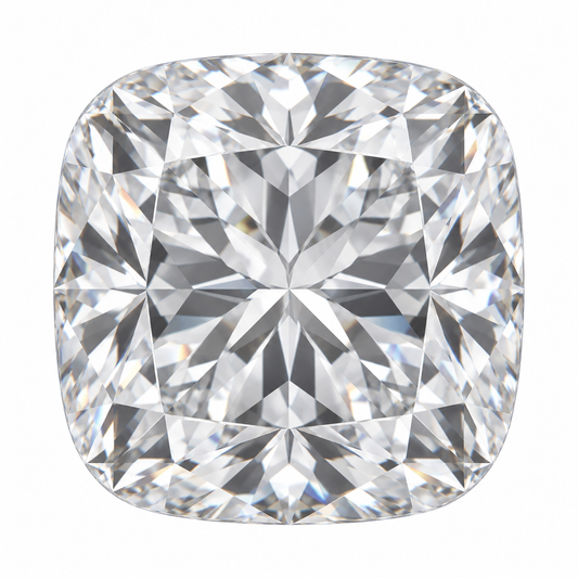 Illustrative head-on render of a cushion-cut colourless lab-grown diamond; not a photograph of an individual stone.