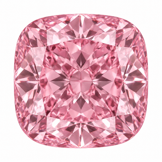 Illustrative head-on render of a cushion pink lab-grown diamond; not a photograph of an individual stone.