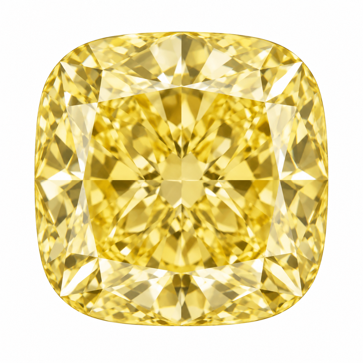 Illustrative head-on render of a cushion yellow lab-grown diamond; not a photograph of an individual stone.