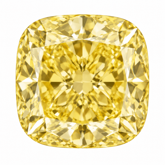Illustrative head-on render of a cushion yellow lab-grown diamond; not a photograph of an individual stone.