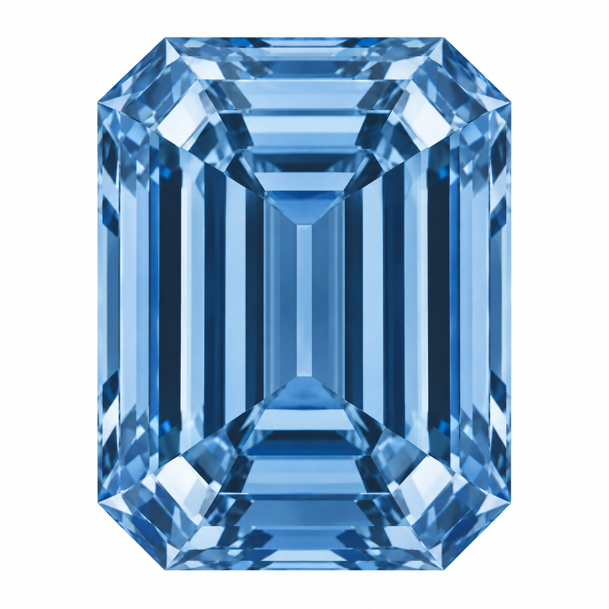 Illustrative head-on render of a emerald blue lab-grown diamond; not a photograph of an individual stone.