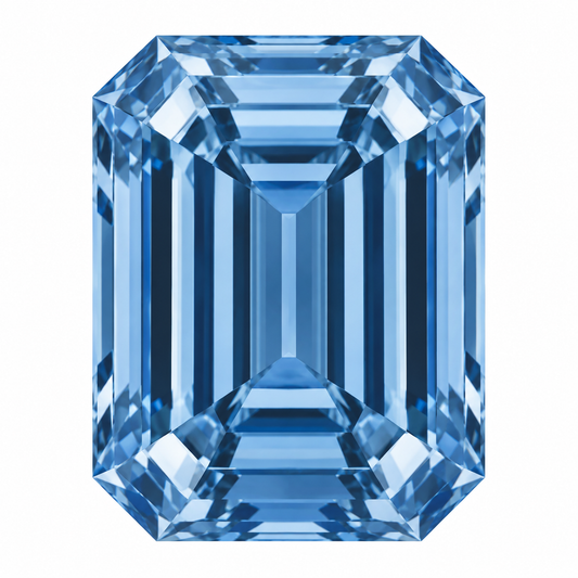 Illustrative head-on render of a emerald blue lab-grown diamond; not a photograph of an individual stone.