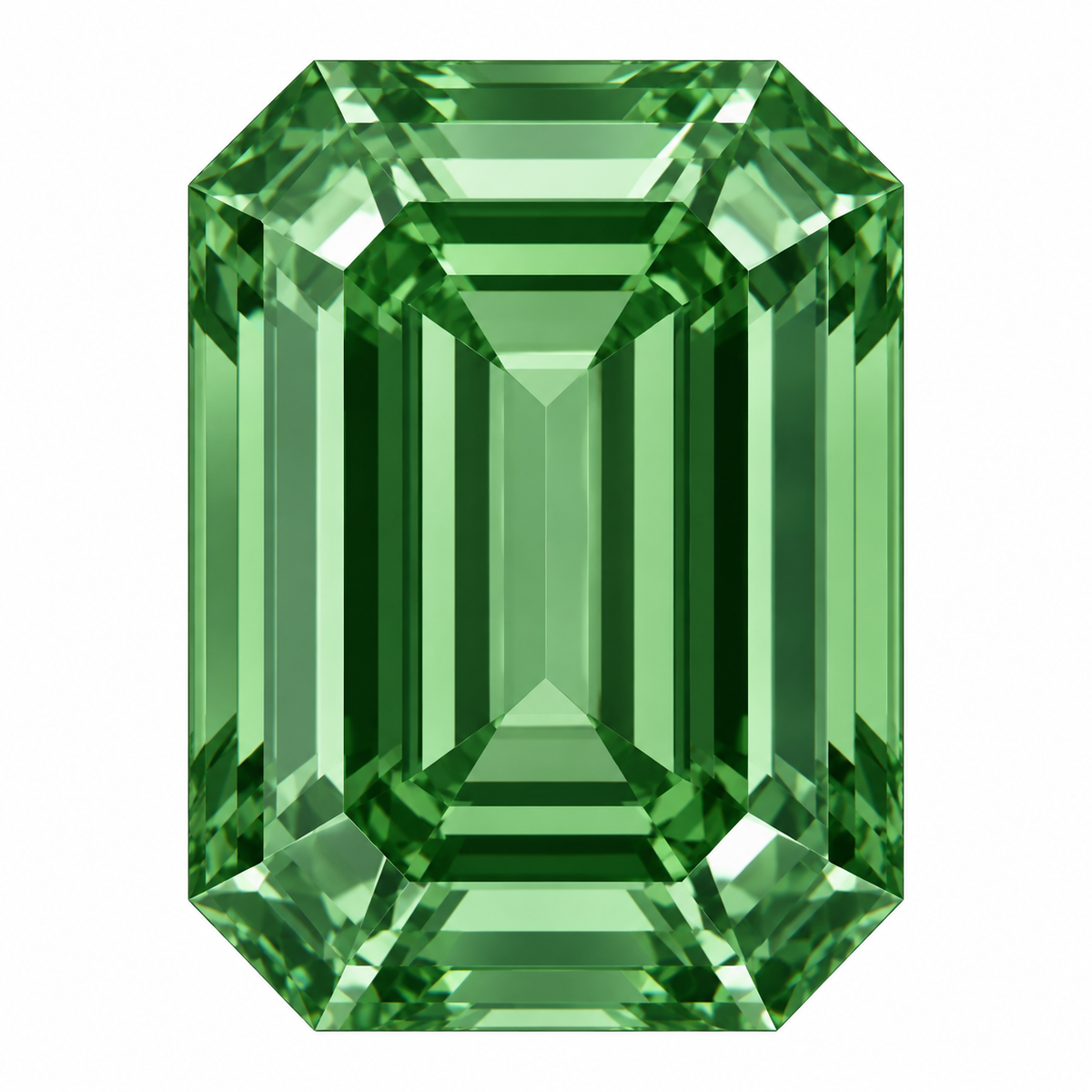 Illustrative head-on render of a emerald green lab-grown diamond; not a photograph of an individual stone.