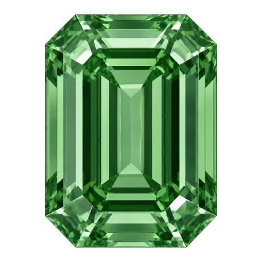 Illustrative head-on render of a emerald green lab-grown diamond; not a photograph of an individual stone.