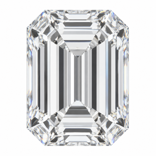 Illustrative head-on render of an emerald-cut colourless lab-grown diamond; not a photograph of an individual stone.