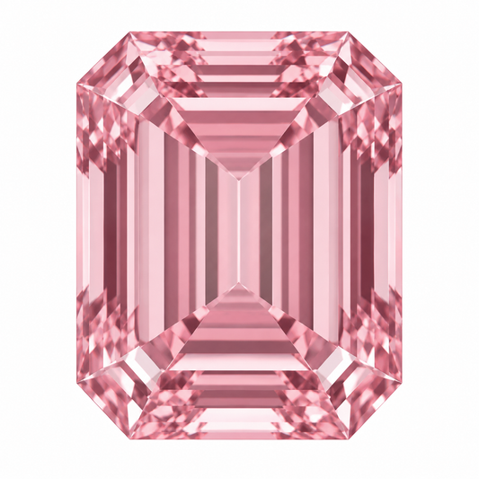 Illustrative head-on render of a emerald pink lab-grown diamond; not a photograph of an individual stone.
