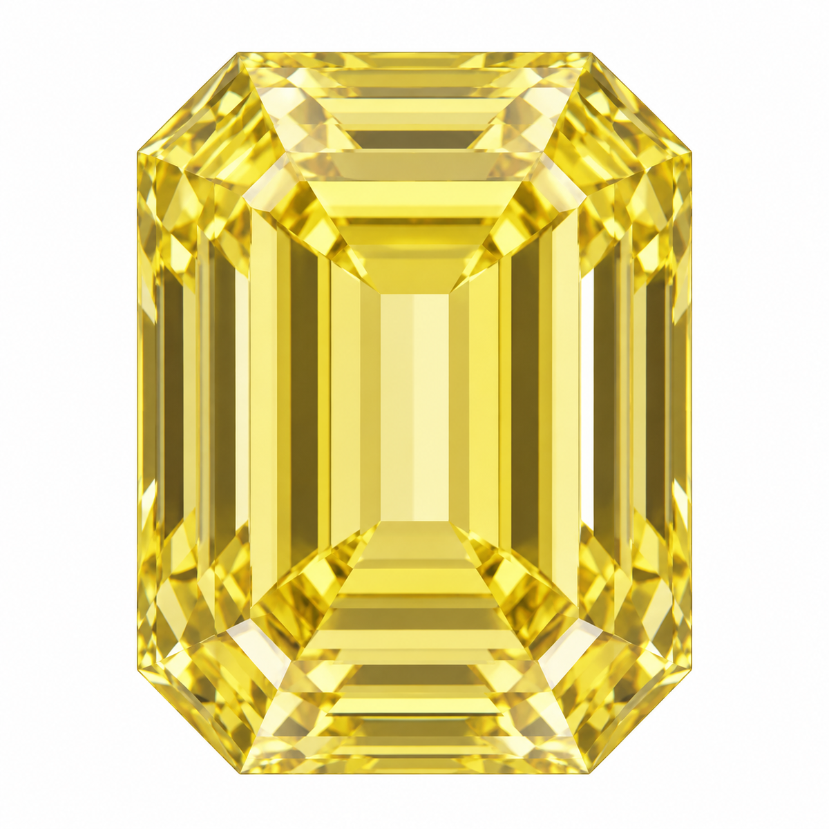 Illustrative head-on render of a emerald yellow lab-grown diamond; not a photograph of an individual stone.