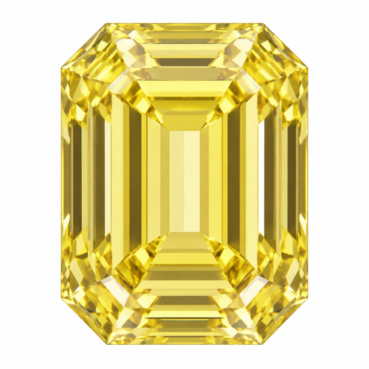 Illustrative head-on render of a emerald yellow lab-grown diamond; not a photograph of an individual stone.