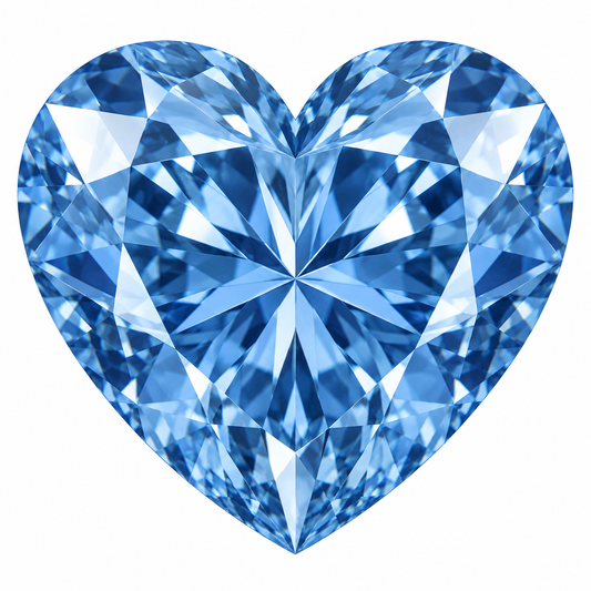 Illustrative head-on render of a heart blue lab-grown diamond; not a photograph of an individual stone.