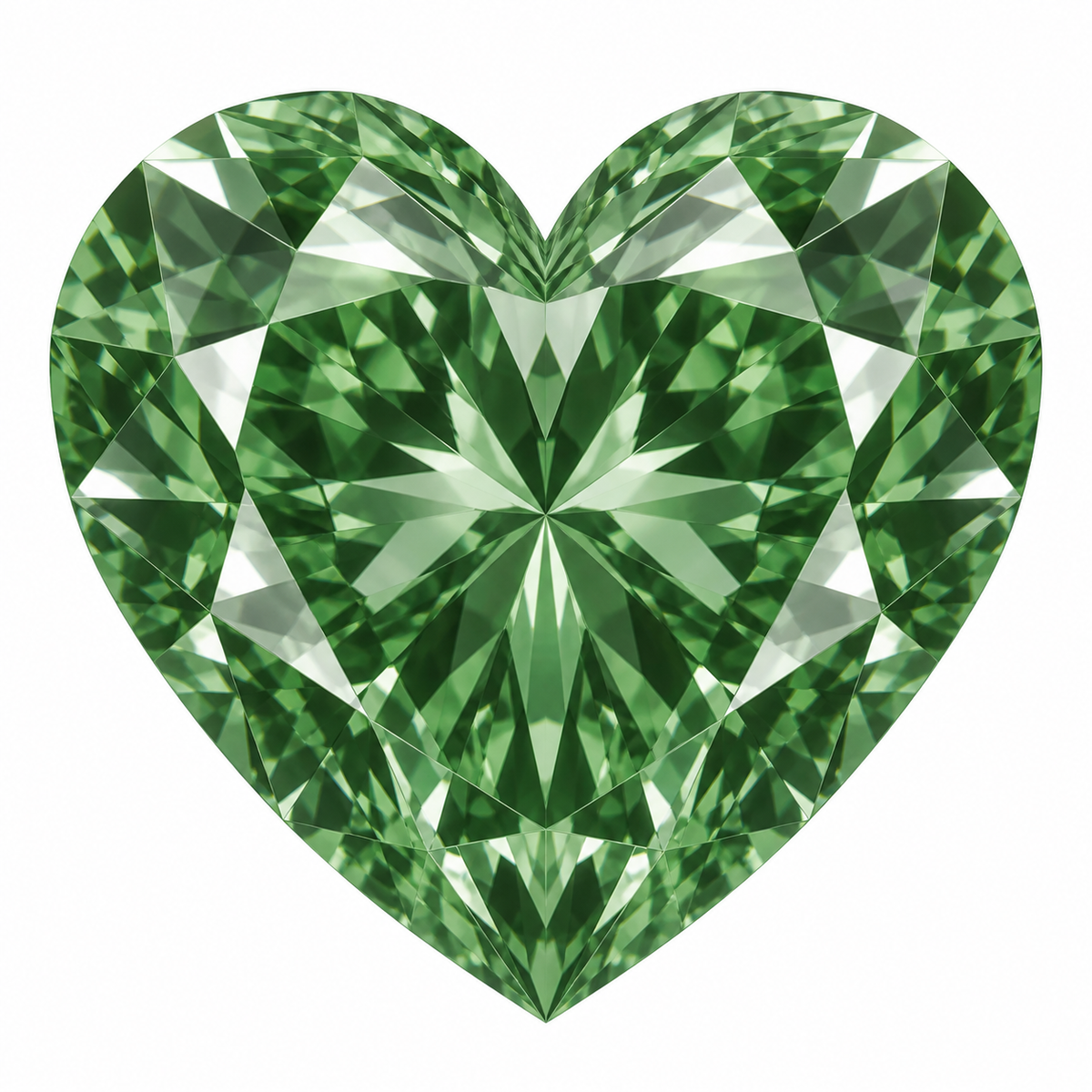 Illustrative head-on render of a heart green lab-grown diamond; not a photograph of an individual stone.