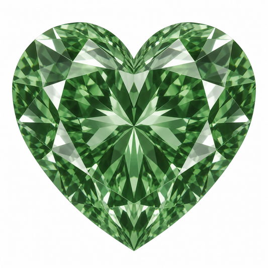 Illustrative head-on render of a heart green lab-grown diamond; not a photograph of an individual stone.