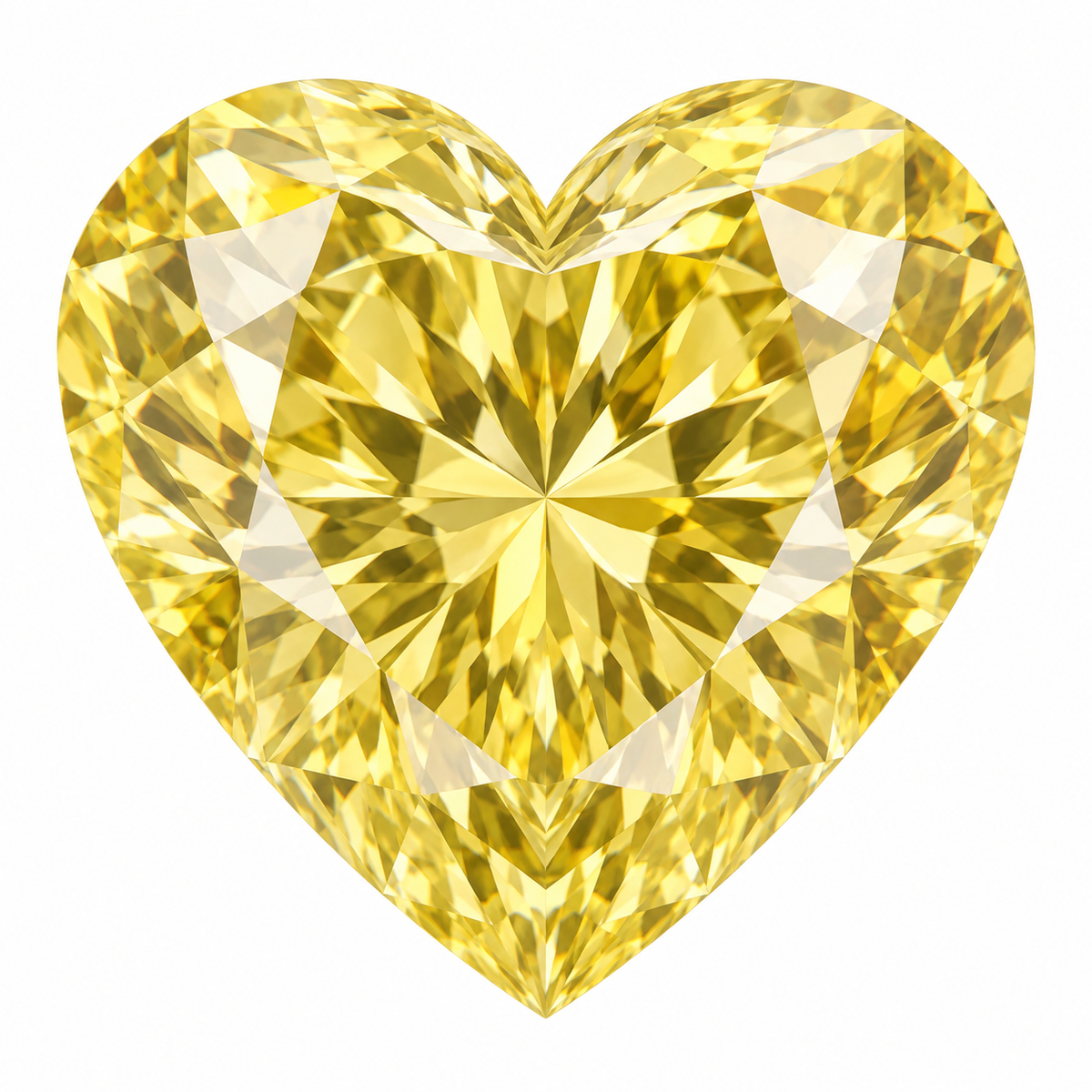 Illustrative head-on render of a heart yellow lab-grown diamond; not a photograph of an individual stone.
