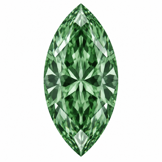 Illustrative head-on render of a marquise green lab-grown diamond; not a photograph of an individual stone.
