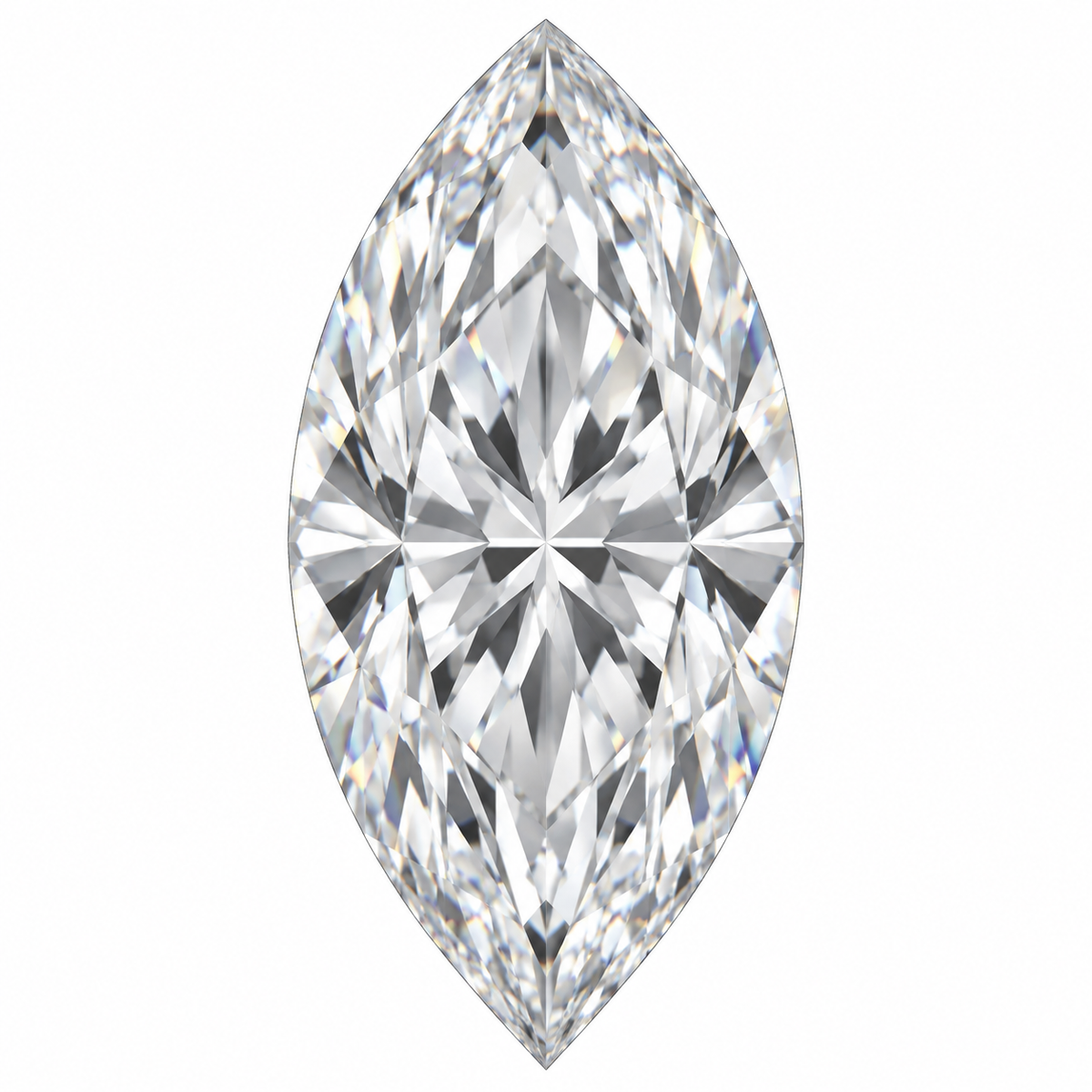Illustrative head-on render of a marquise colourless lab-grown diamond; not a photograph of an individual stone.