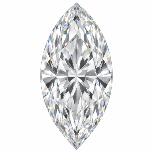 Illustrative head-on render of a marquise colourless lab-grown diamond; not a photograph of an individual stone.
