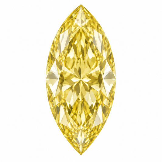 Illustrative head-on render of a marquise yellow lab-grown diamond; not a photograph of an individual stone.