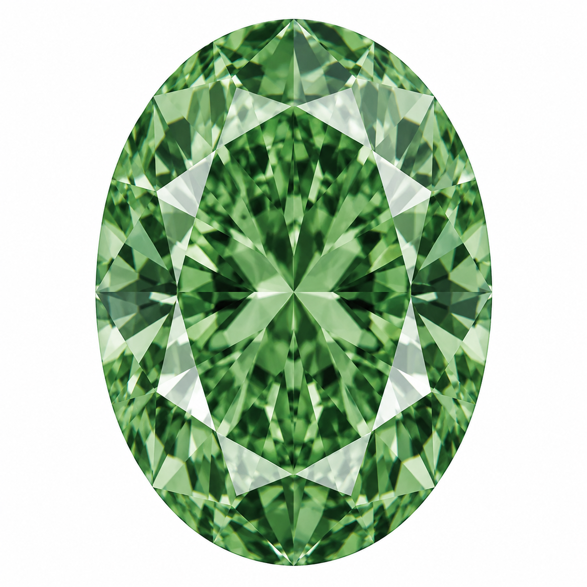 Illustrative head-on render of a oval green lab-grown diamond; not a photograph of an individual stone.