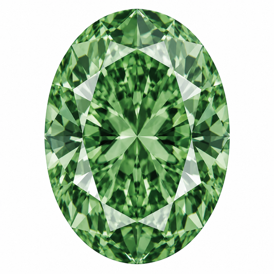 Illustrative head-on render of a oval green lab-grown diamond; not a photograph of an individual stone.